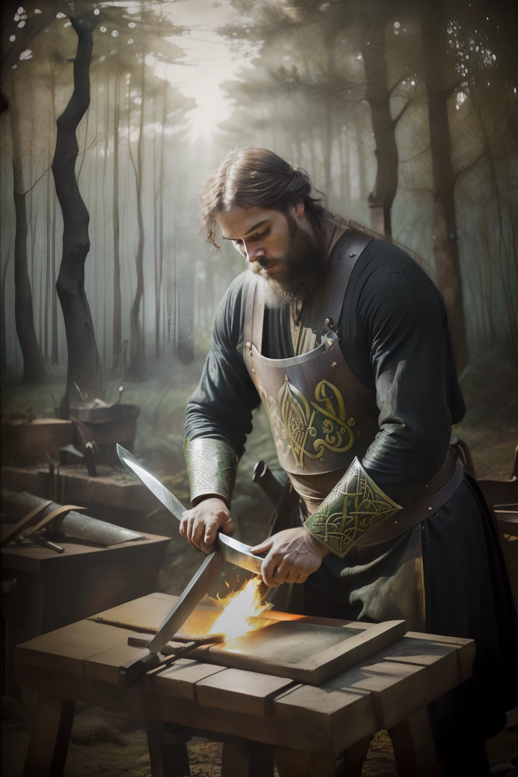 floresta de azevinhos. (((Pre-Raphaelite Celtic Painting Blacksmith Making a Sword, paisagem celta, fogo, Azevinho, Forja)))