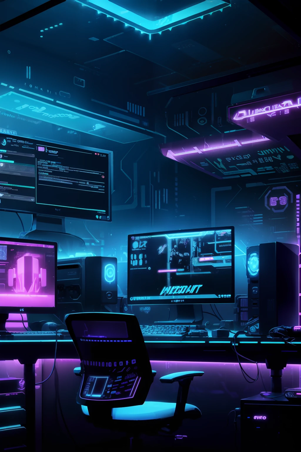 a dimly lit computer lab with lots of monitors and a keyboard, cyberpunk setting, Cyber punk configuration, cyber neon lighting, cyber space, cyberpunk with neon lighting, luzes cyber neon, in a cyberpunk themed room, interior cyberpunk, Gamer screen on metal table, cyber aesthetic, Cybernetic style, computador sci-fi, cyber background, cyber installation, console e computador