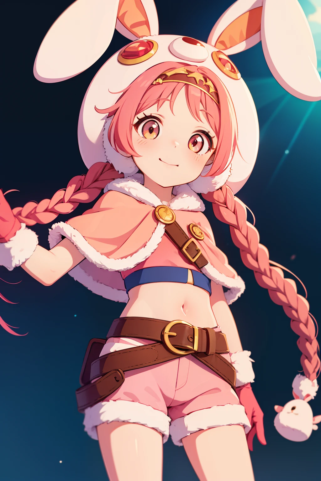 pink hair, long twin braids, , pink short sleeves, red gloves, light orange eyes, rabbit ear hood, blue shorts, belt, pink cape, cute, high quality