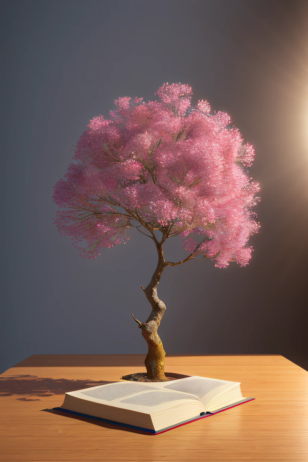 illustration of a flowering tree from a book on a table, photorealistic hyperrealism, studio photography, hdr, 8k, cinematic lighting, dramatic lighting, Cannon EOS 5D Mark III, 85mm, volumetric lighting, obra maestra, realista, painting oil painting