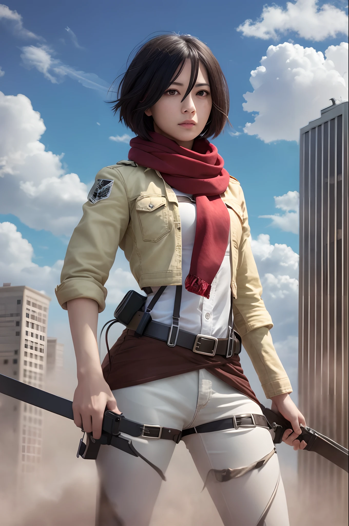 masterpiece, best quality, highres, hmmikasa, short hair, black eyes, scarf, emblem, belt, thigh strap, red scarf, white pants, brown jacket, long sleeves, holding weapon, sword, dual wielding, three-dimensional maneuver gear, fighting stance, sky, highest quality, high resolution.