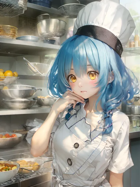 hi-res、masterwork、megumi tadokoro、blue-haired、独奏、chef、chef costumes、kitchin、女の子1人、outside of house、background detailed、white  cl...