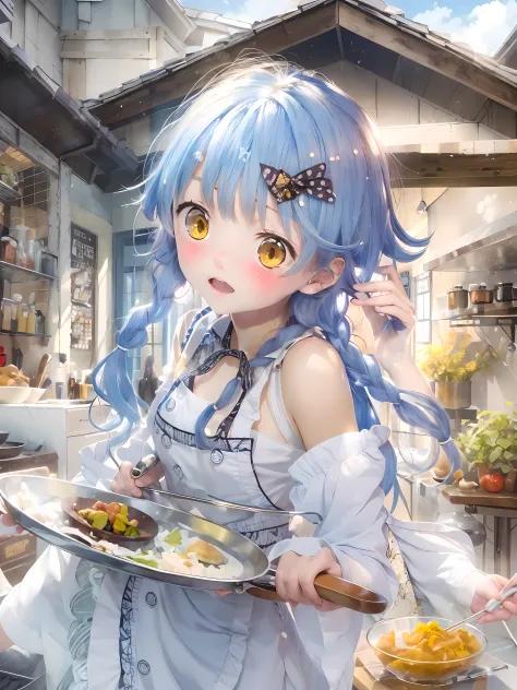 hi-res、masterwork、megumi tadokoro、blue-haired、独奏、chef、chef costumes、kitchin、女の子1人、outside of house、background detailed、white  cl...