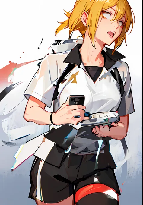 1girl white shirt and black shorts, beatiful face, shot hairstyle, (kenma's hairstyle:1), sportswear school wear,