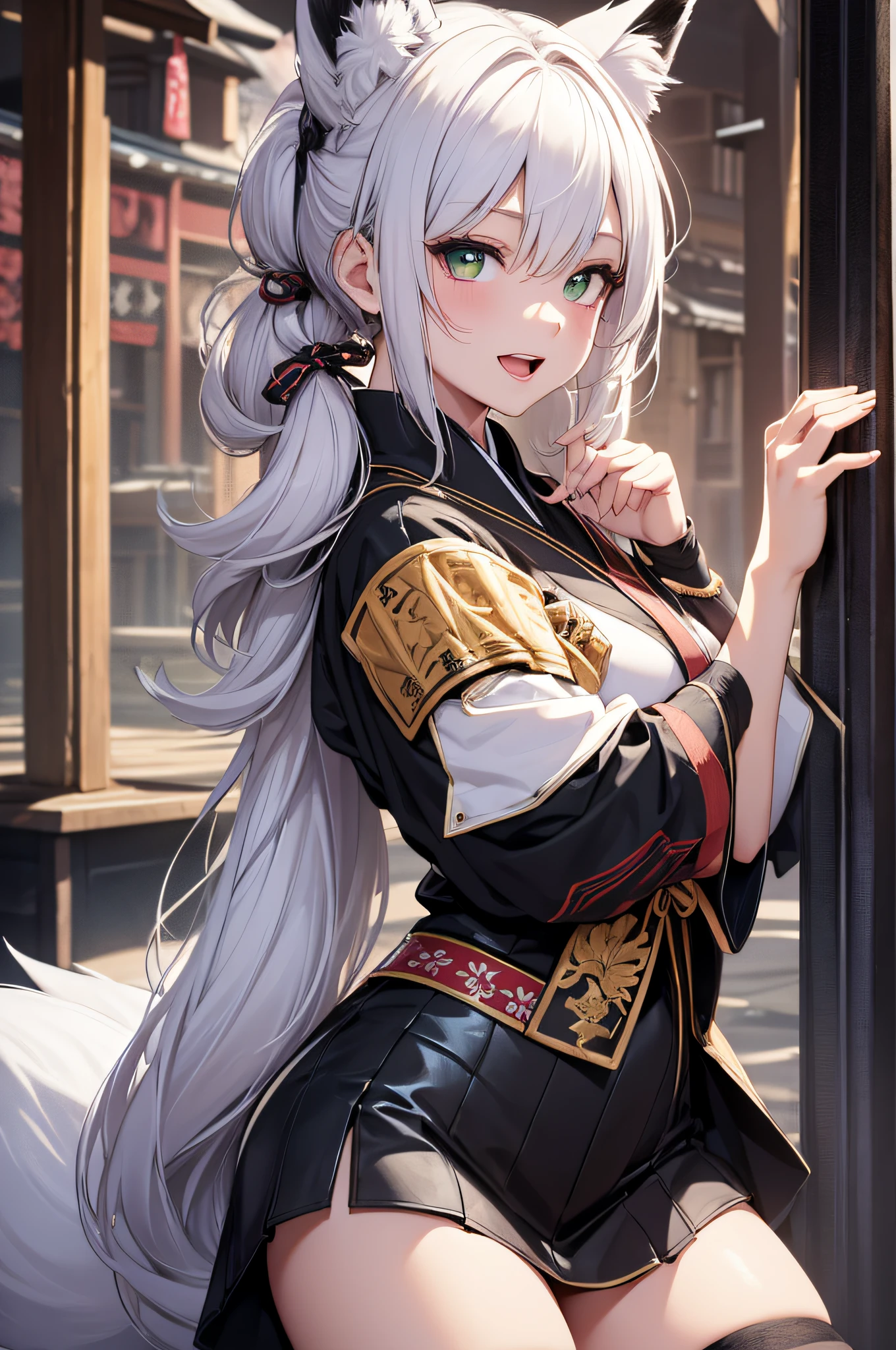 (extremely details CG、8K Wallpapers)、(extremely delicate and beautiful)、(​masterpiece)、(top-quality:1.0)、(超A high resolution:1.0)、beautiful  lighting、perfect lightning bolt、realistic shadow、[hight resolution]、Detailed skin、ultra-detailliert、detailed faces and eyes、Realistic eyes、Sharp pupils、sideshot、Full body, (jpn、Shrine 1.4)、Red torii gate、beauitful face、blurry backround、10 year old beautiful girl、shinny skin, (１The fox tail of the book grows:1.4)、Beautiful silver hair、short-hair、(poneyTail:1.2)、green colored eyes、Fox ears、hair adornments、Smile with open mouth、Curve、(Priestess Costume 1.2)、a miniskirt、wearing kneesocks、