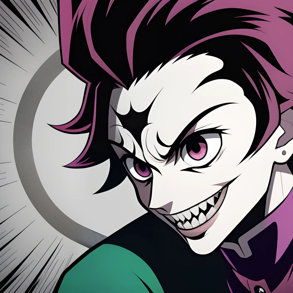 Por favor, crie uma arte digital altamente detalhada que apresente Sukuna, o antagonista de Jujutsu Kaisen, reinterpreted with the Joker's iconic visual traits. Imagine Sukuna vestindo uma elegante roupa roxa e verde, with golden details and playing card patterns. His expression should reflect the Joker's psychoticity and insanity, com um sorriso largo e perturbador que destaque dentes afiados. Sukuna's eyes should glow with a manic glint, while her black hair flows in a wild and chaotic way, reminiscent of the Joker's shaggy aesthetic. The surrounding setting can be a mix of elements from the world of Jujutsu Kaisen and the chaotic atmosphere of Gotham City, with surreal details and a sense of distortion. Be sure to capture Sukona's menacing duality and the Joker's insane eccentricity, seamlessly merging these two elements into a single impactful image."