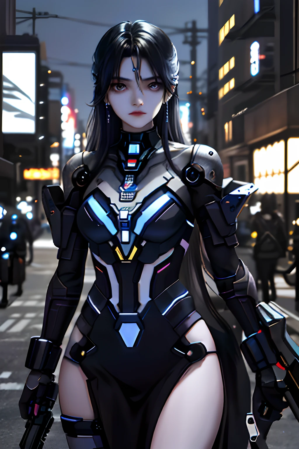 In a dystopian cityscape with flashing neon lights, In flickering holographic billboards and towering metal structures, Standing an extraordinary young woman，She seems to embody grace and strength. Her striking appearance immediately attracted attention，Because her long hair pours down in light blue and black tones, Sparkling like a string of stardust. Her skin, With a subtle metallic sheen, Hints at a world where technology and biology are intertwined in unimaginable ways. Decorated with intricate jewelry，It glows softly under the embedded nanolamp, She exudes elegance，In stark contrast to the gritty urban environment that surrounds it。. Delicate earrings hang down from her ears, Each piece is a miniature work of art, It reflects the fusion of artistry and advanced craftsmanship，Defined her era. inca, What really catches the eye is the futuristic gray gun she's holding，Both familiar and respectful. guns, The embodiment of cutting-edge engineering, With sleek lines and modular design，It hints at its adaptability to various combat scenarios. Its metal surface integrates seamlessly with the advanced nanotechnology interface on her wrist, Form a symbiotic relationship between women and weapons. Stand alone in this unforgiving world, She seems undaunted by the challenges around her. Her eyes, A mixture of determination and contemplation, Betrayal of a story of resilience and courage. It's not just a woman with a gun; She is a symbol of humanity's indomitable spirit, Perseverance in the face of adversity. When the city buzzes，The muffled roar of machinery and the distant echo of a changing society, She still demonstrates the individual's ability to adapt, survive, Thrive even in the most uncertain future.