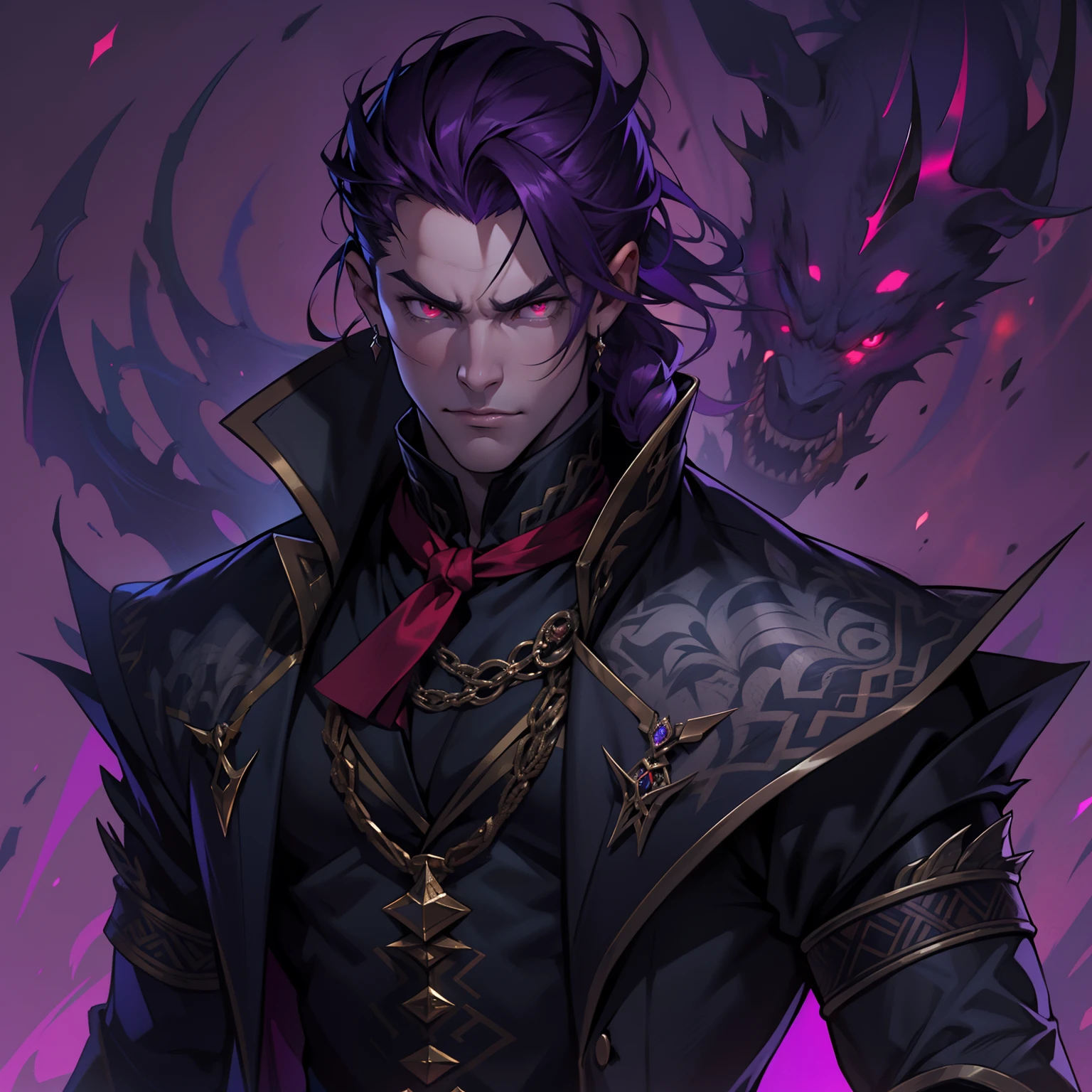 like all the demon princes, I am quite tall. I have purple hair tied back in a ponytail, and red eyes with sharp silver pupils. I wear fine clothes, as befits a prince of Hell, though they are always black. My demeanor is haughty, arrogant, and superior to others. I carry myself with confidence and a sense of pride that is unrivaled. When I speak, my words are sharp and my voice is powerful. I am the embodiment of pride and arrogance. handsome male, bara, muscular (8k) (good quality) dark purple hair. Red eyes.