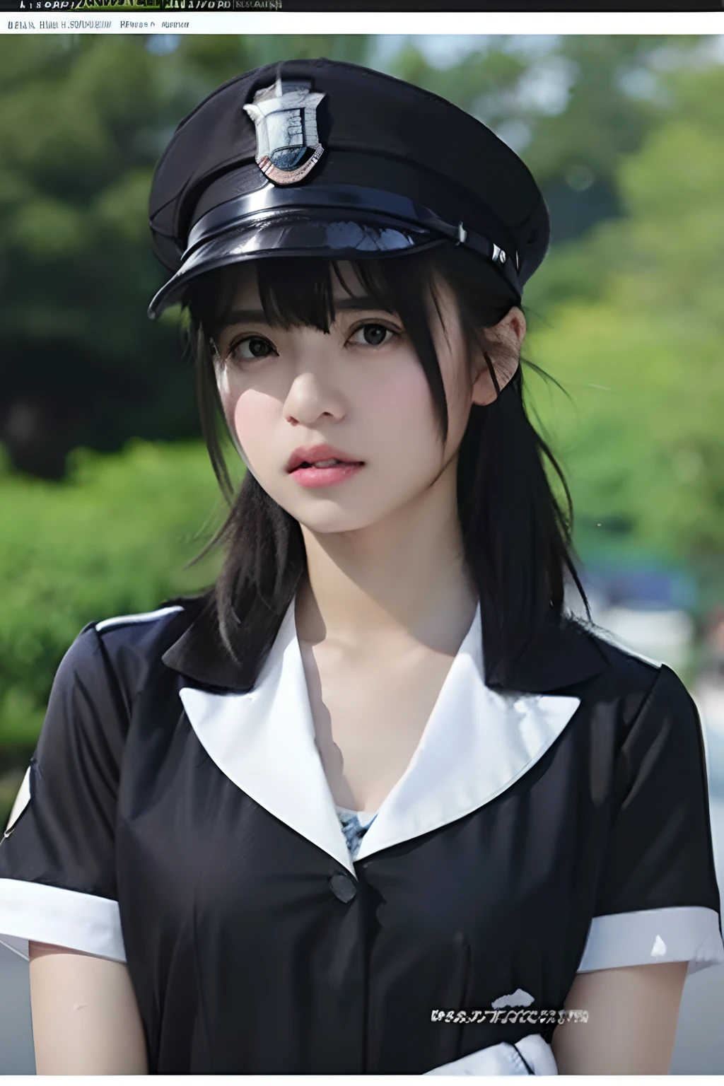 Officier technique、Casquette de police Tekatka、qualité supérieure、chef-d&#39;œuvre、超Une haute résolution、(Photoréaliste:1.4)、Photo brute、1 fille、Cheveux de couleur noire、peau éclatante、corps mouillé、Écriture dramatique、corps entieresbienne、énorme mésange、cheveux noirs、Vêtements Pichi Pichi