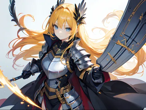 "Anime-style illustration of a beautiful girl with yellow hair and blue eyes wearing full plate valkyrie armor. The armor, shiel...