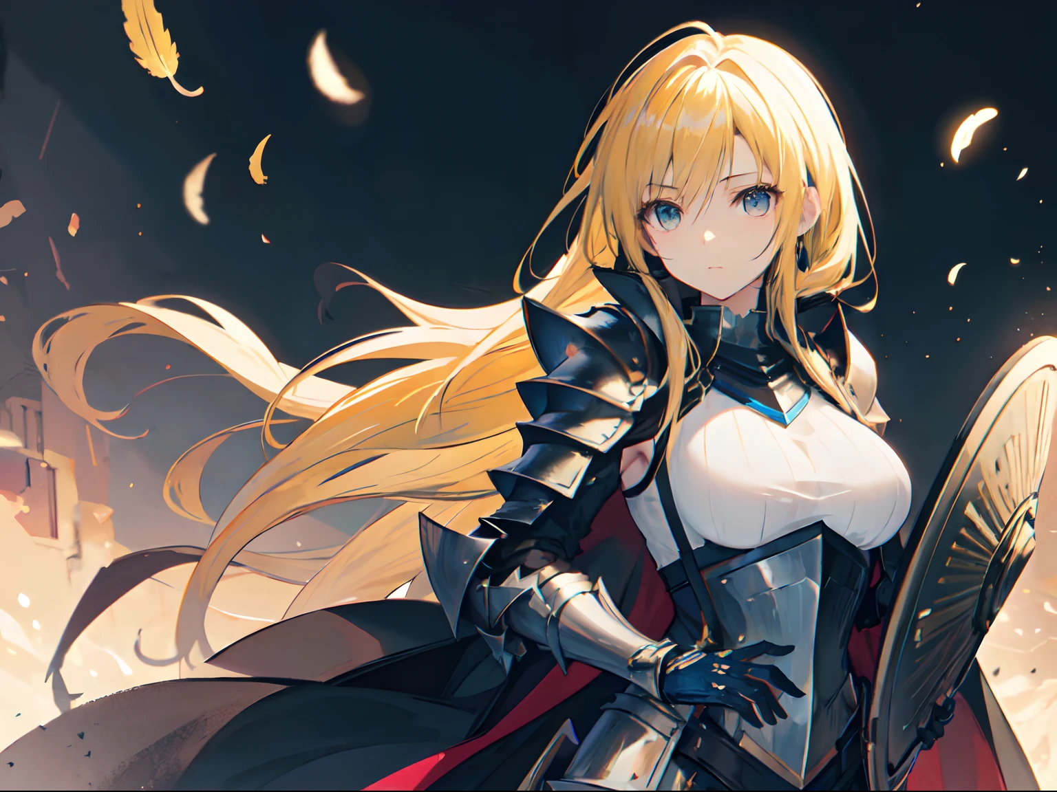 "Anime-style illustration of a beautiful girl with yellow hair and blue eyes wearing full plate valkyrie armor. The armor, shield, and lance are adorned with golden strip black accents. She wears a black robe like feathers."beautiful female knight, arknights, girl in knight armor