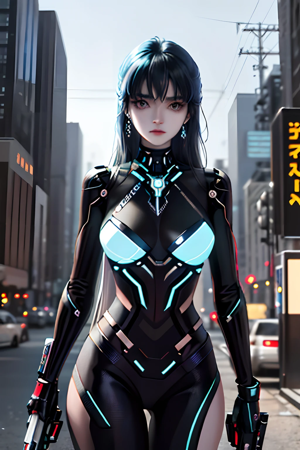 In a dystopian cityscape with flashing neon lights, In flickering holographic billboards and towering metal structures, Standing an extraordinary young woman，She seems to embody grace and strength. Her striking appearance immediately attracted attention，Because her long hair pours down in light blue and black tones, Sparkling like a string of stardust. Her skin, With a subtle metallic sheen, Hint at a world where technology and biology are intertwined in unimaginable ways. Decorated with intricate jewelry，It glows softly under embedded nanolight, She exudes elegance，In stark contrast to the gritty urban environment that surrounds it。. Delicate earrings hang down from her ears, Each piece is a miniature work of art, It embodies the fusion of artistry and advanced craftsmanship，Define her era. inca, What really caught the eye was the futuristic gray gun in her hand，Both familiar and respectful. guns, The embodiment of cutting-edge engineering, Sleek lines and modular design，It hints at its adaptability to various combat scenarios. Its metal surface integrates seamlessly with the advanced nanotechnology interface on her wrist, Form a symbiotic relationship between women and weapons. Unique in this unforgiving world, She seems undaunted by the challenges around her. Her eyes, A combination of determination and contemplation, Betrayal a story of resilience and courage. Not just a woman with a gun; She is a symbol of humanity's indomitable spirit, Perseverance in the face of adversity. When the city buzzes，The muffled roar of machinery and the distant echoes of changing societies, She still shows a personal ability to adapt, survive, Thrive even in the most uncertain future.