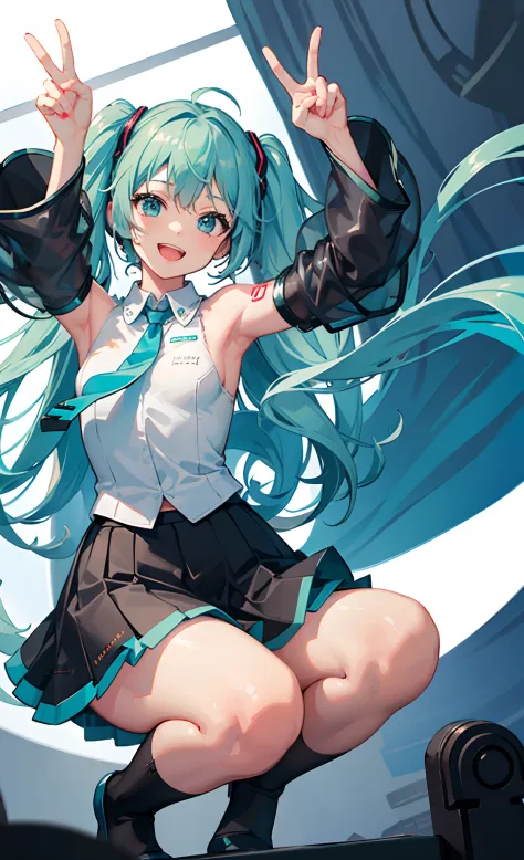 1girl, solo, female child, masterpiece, beautiful hands, hatsune miku, white shirt, (black skirt:1.3), blue necktie, bare shoulders, detached sleeves, 
BREAK
:d, happy, smile, looking at viewer, ✌️,(contrapost:1.5), Squatting,
BREAK
stage lights,