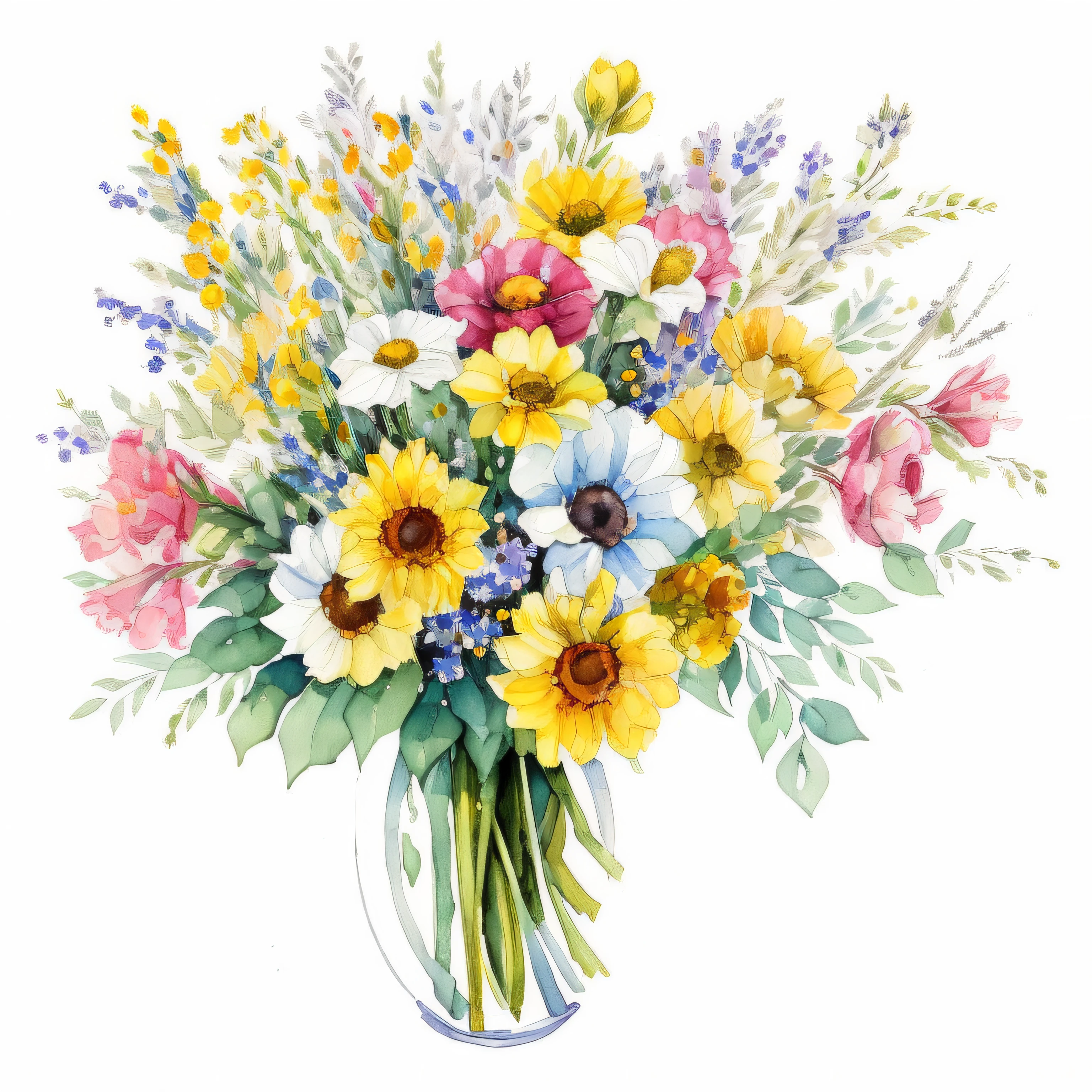 bouquet of assorted flowers, high quality, ((white background)), no people, watercolor, no text