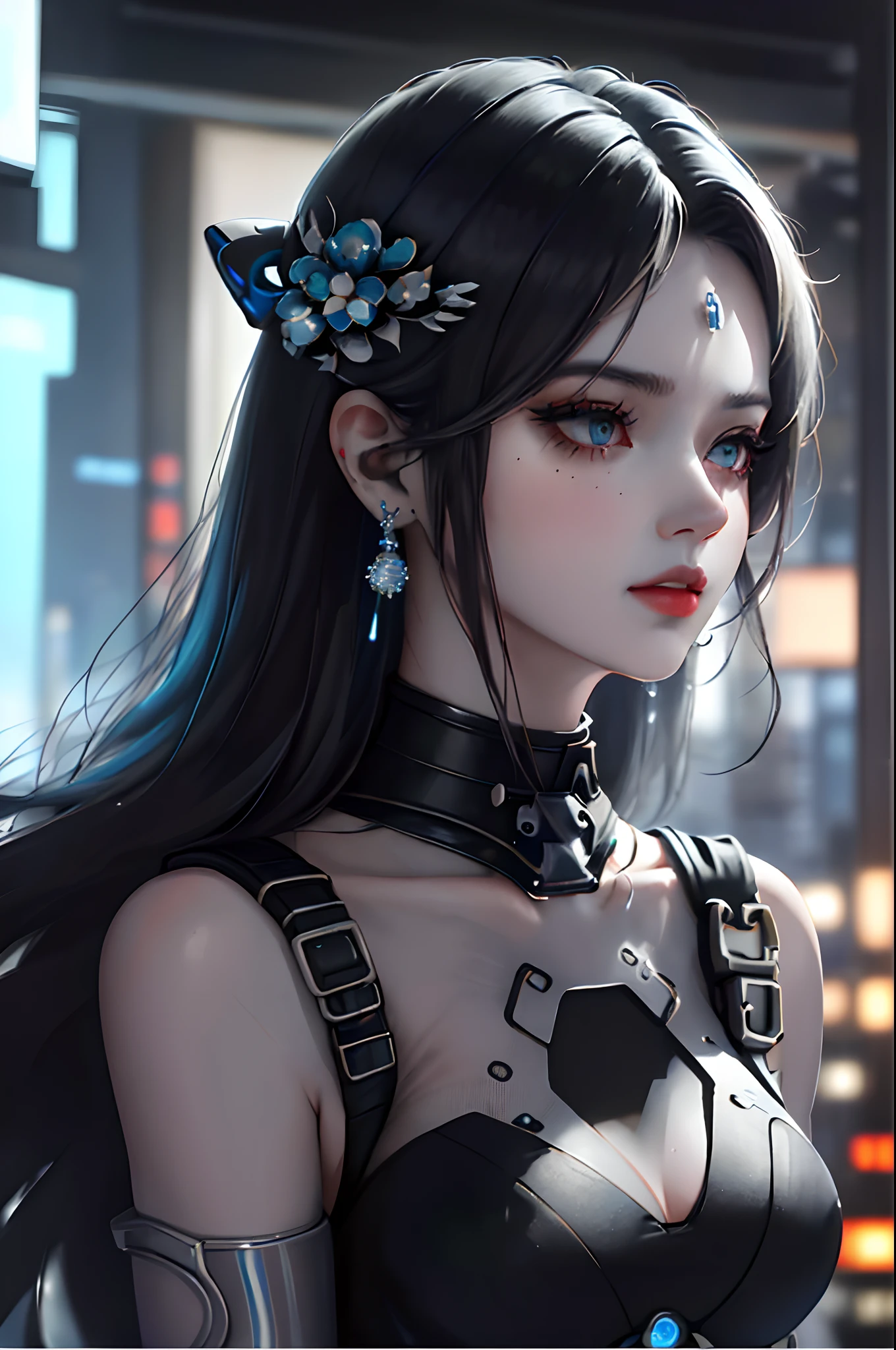 In a neon-lit dystopian cityscape, amidst the flickering holographic billboards and towering metallic structures, stood a remarkable young woman who seemed to embody both grace and power. Her striking appearance immediately drew attention as her long hair cascaded down in shades of light blue and gray, shimmering like a cascade of stardust. Her skin, with a subtle metallic sheen, hinted at a world where technology and biology intertwined in ways unimaginable. Adorned with intricate jewelry that glowed softly with embedded nanolights, she exuded an air of elegance that contrasted sharply with the gritty urban environment around her. Elaborate earrings dangled from her ears, each piece a miniature work of art, reflecting the fusion of artistry and advanced craftsmanship that defined her era. Yet, what truly captured one's gaze was the futuristic grey gun she held with a sense of both familiarity and respect. The gun, an embodiment of cutting-edge engineering, featured sleek lines and a modular design that hinted at its adaptability for various combat scenarios. Its metallic surface seamlessly integrated with the advanced nanotech interface on her wrist, forming a symbiotic relationship between woman and weapon. Standing solo in this unforgiving world, she appeared undaunted by the challenges that surrounded her. Her eyes, a mix of determination and quiet contemplation, betrayed a story of resilience and courage. This was not just a woman with a gun; she was a symbol of the indomitable spirit of humanity, unyielding in the face of adversity. As the city hummed with the low thrum of machinery and the distant echoes of a society in flux, she remained a testament to the capacity of individuals to adapt, survive, and thrive even in the most uncertain of futures.