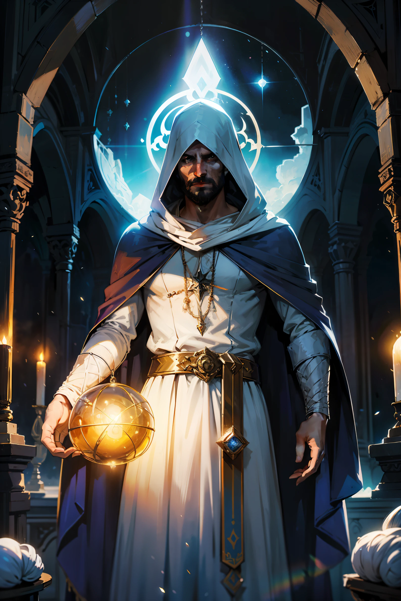 magv1ll, old wizard, white tunic, staff, ruins, sheen, magie, (Masterpiece artwork: 1.2), (best qualityer), detailded, uhd, cinematic lighthing, sharp focus, (illustration: 1.1), intrikate, Old Wizard with long white hair and beard, wearing a cloak and magician's hat, pondering a glowing orb, in a dimly lit room, Magician's Room, glittering lights, flickering lights,