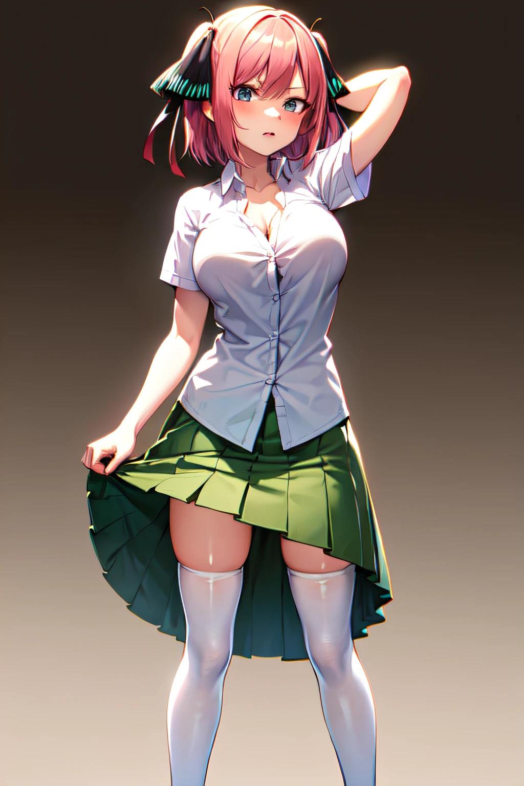 masterpiece, best quality, highres, Nakano nino, 1girl, solo, pink hair, short hair, busty, butterfly hair ornament, large breasts, cleavage, green skirt, white shirt, collared shirt, open clothes, black thighhighs, short sleeves, skirt lift, looking at viewer, annoyed, blush, full body, standing, simple background, arms behind head, (erotic pose:1.4)