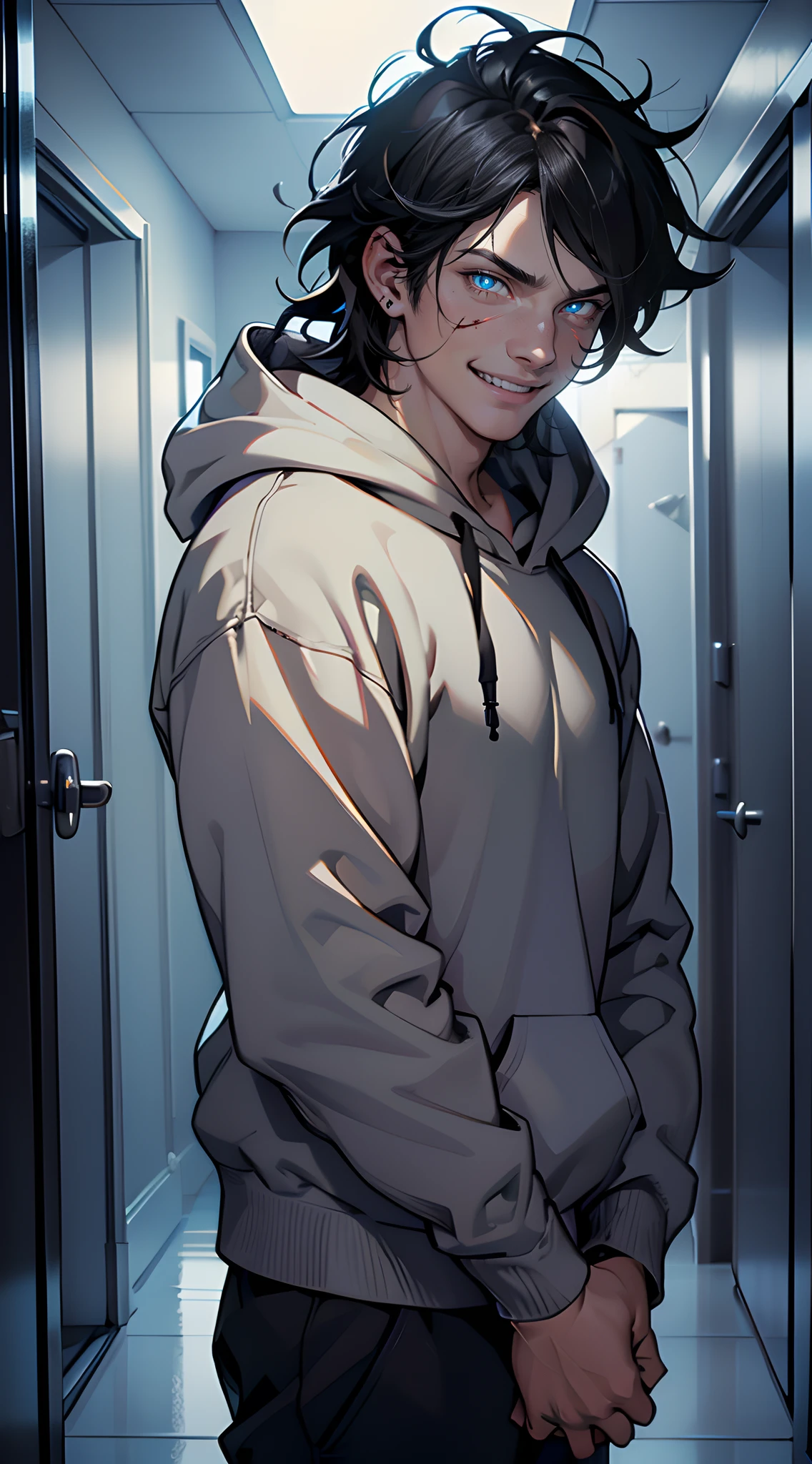 (tmasterpiece, high resolution, ultra - detailed:1.0), (1boy, Adult male), Perfect male body, Eyes look at the camera, Delicate eyes and delicate face, Extremely detailed CG, Unity 8k wallpaper, Complicated details, solo person, Detailed face, (Black hair, Messy hair, Crazy expression, Gray hoodie,blood in face,Dagger in hand), (Crazy smile:1.2) , (Mad eyes:1.3) , (wide-eyed:1.2,small pupil),Dark corridors,Night, color difference, Depth of field, dramatic shadow, Ray tracing, Best quality, offcial art, Portrait,