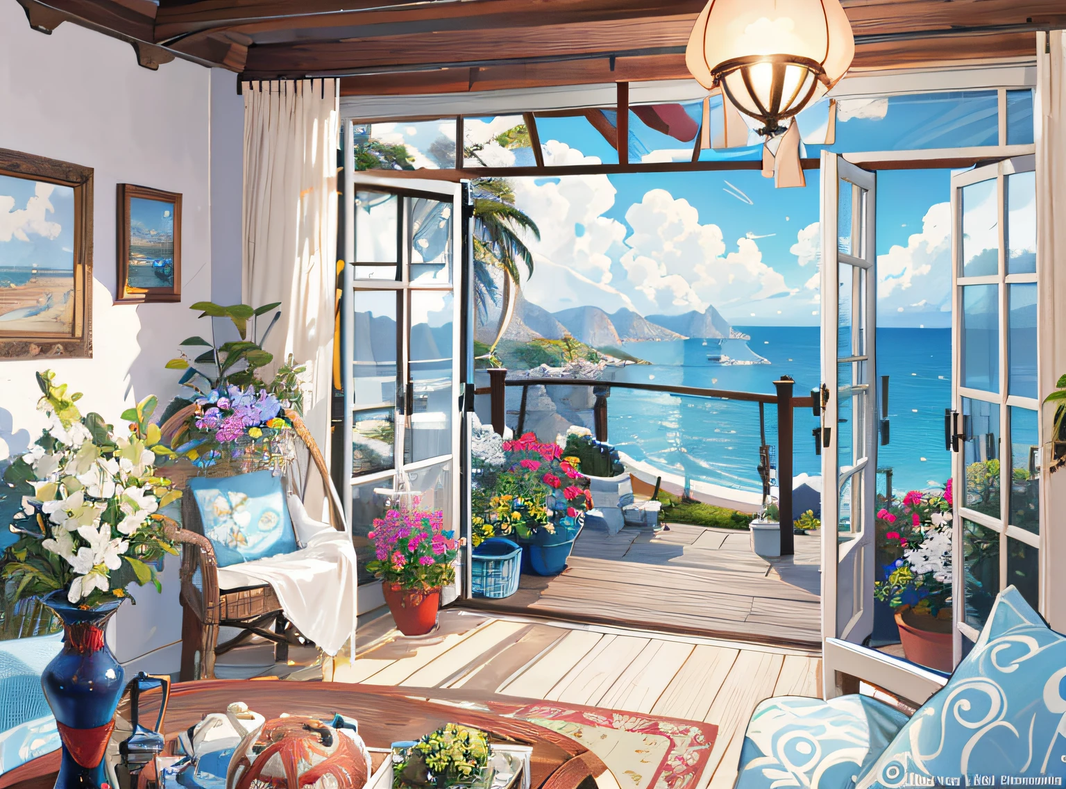 there is a gazebo with a view of the ocean and a lighthouse, detailed scenic view, sunny bay window, seaside backgroud, beautiful scenic view, scenery artwork, scenery art detailed, overlooking the ocean, in a scenic background, scenic view, beatiful backgrounds, scenic background, there is a window to the sea, thomas kinkade style, ocean view