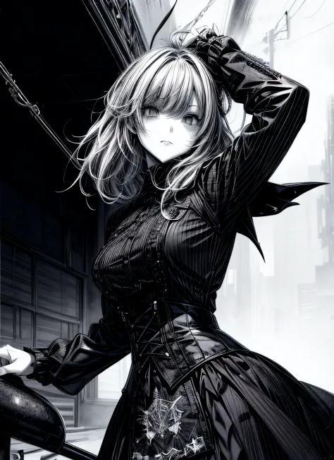 Gothic punk、actionpose、Overflowing、cheerfully、（Manga style）、（Comic Noir Style）、(linear art_Anime)、（black-and-white）、(monotone_st...