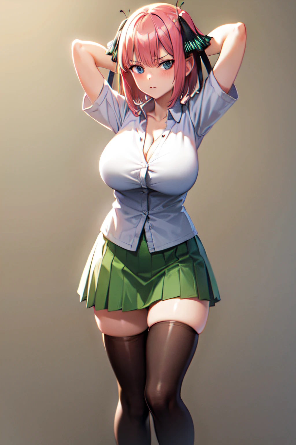 masterpiece, best quality, highres, Nakano nino, 1girl, solo, pink hair, short hair, busty, butterfly hair ornament, large breasts, cleavage, green skirt, white shirt, collared shirt, open clothes, black thighhighs, short sleeves, skirt lift, looking at viewer, annoyed, blush, full body, standing, simple background, arms behind head, (erotic pose:1.4)