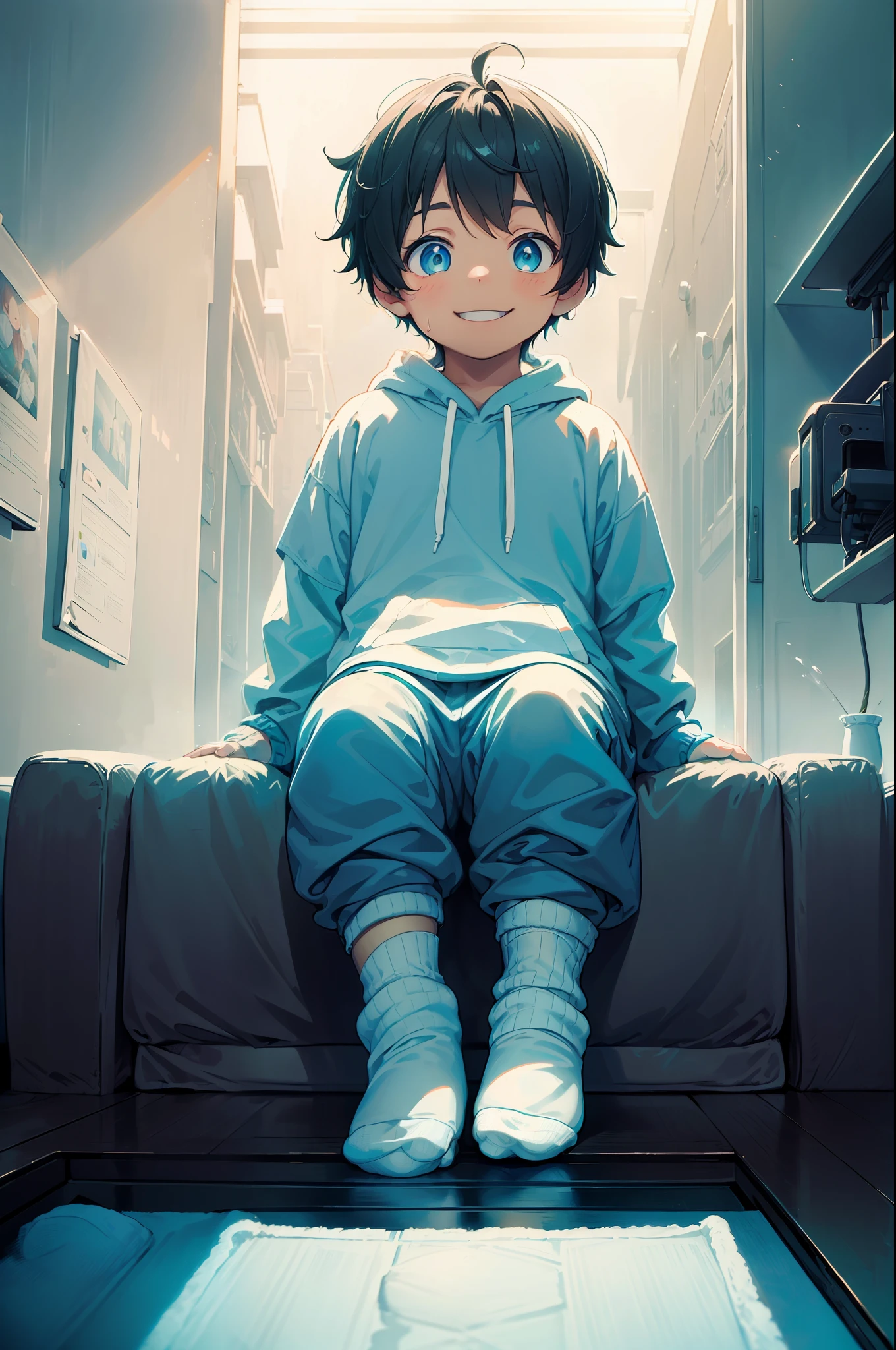 Meisterwerk, chubby Little Junge with dark cyan hair and shiny gold colored eyes and Klein socks wearing a hoodie, and oversized Jogginghose sitting on a couch watching tv in a dark room and showing his soles, Regen vor dem Fenster, jung, Junge, , Klein, Kleinkind, Sanftes Licht, (Jogginghose:1.4), (zu kleine Socken:1.8), (Junge:1.4), (Shota:1.4), (jung:1.4), (Männlich:1.4), (lächelnd:1.4), (Fuß:1.4), (schüchtern:1.4), (pastel:1.0), (Farben:1.0), (cute Farben:1.0), (Nacht:1.0),