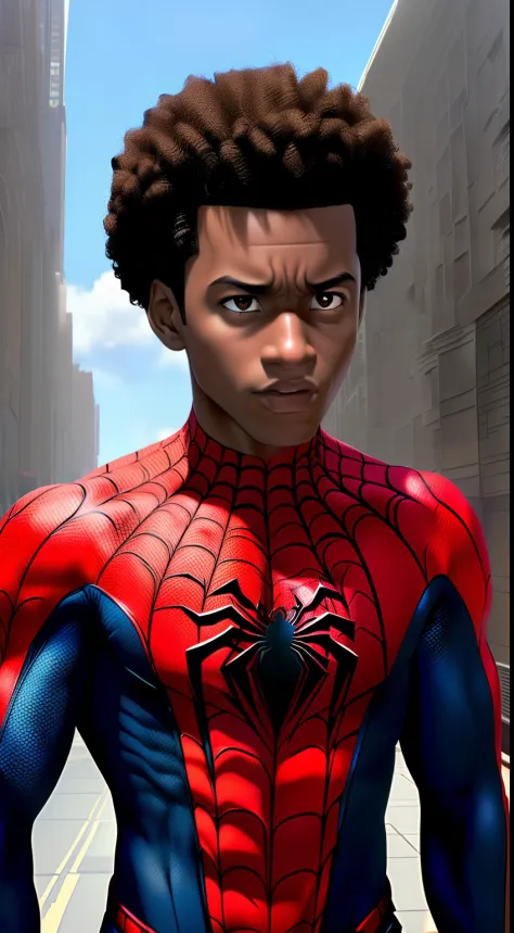 best quality, masterpiece, high resolution, 1 male, miles morales, spiderman,, curly hair, tindal effect,ism realism, dark studi...