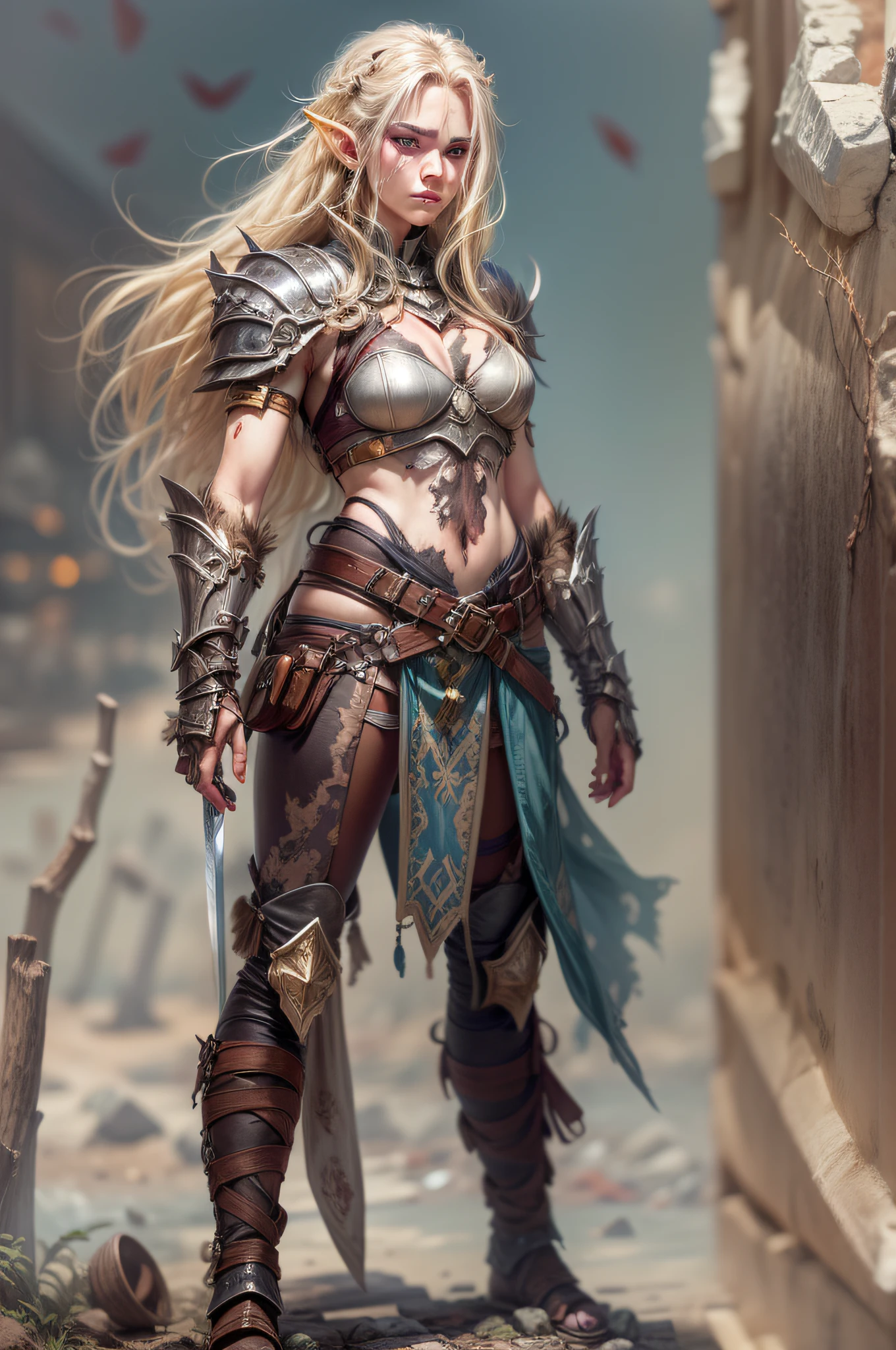 1girl, ((medium chest)), (cut stomach: 1.1), (perfect body: 1.1), (long straight hair: 1.2), ((blonde shiny hair)), (blue eyes), full body, elf, skin pale, wearing barbarian equipment, extremely detailed and shabby leather breastplate, cloths covering the torn and shabby body, extremely torn and shabby clothes, body with many highlighted and detailed scars, image depicting an elven warrior after battle some scratches, marks on the body , very serious and concentrated expression wandering the riverside. Huge, exaggeratedly detailed and heavily battle-damaged sword. (extremely detailed 8k CG wallpaper), (extremely delicate and beautiful), (masterpiece), (best quality: 1.0), (ultra high resolution: 1.0), beautiful lighting, perfect lighting, realistic shadows, [high resolution ], detailed skin, ((skin texture)), super detailed (((colorful)))