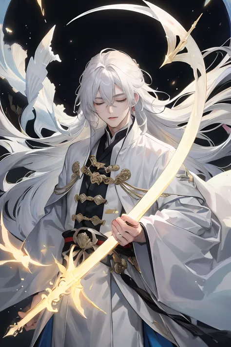 ((Official fine art，tmasterpiece)):0.9，Sharp focus，1 boy，China-style，Oriental fantasy，long white robe，long  white hair，apathy，hi...