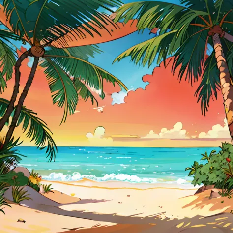 hot summertime, praia com palmeiras, hot summer sun, 夏天, mundo dos sonhos, Praia Minimalista, fundo vermelho, Pop, storybook art...