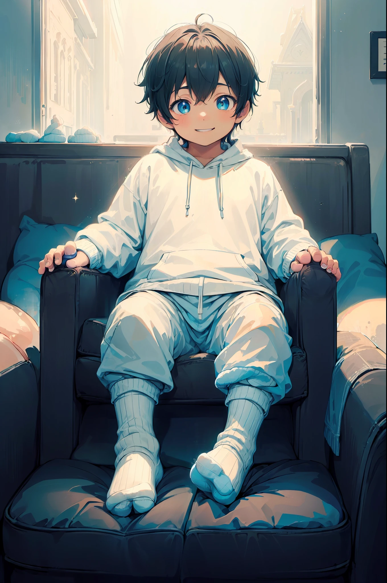 Masterpiece, chubby Little boy with dark cyan hair and shiny gold colored eyes and small socks wearing a hoodie, and oversized sweatpants sitting on a couch watching tv in a dark room and showing his soles, raining outside window, young, boy, , small, toddler, soft light, (sweatpants:1.4), (undersized socks:1.8), (Boy:1.4), (Shota:1.4), (Young:1.4), (Male:1.4), (smiling:1.4), (foot:1.6), (shy:1.4), (pastel:1.0), (colors:1.0), (cute colors:1.0), (night:1.0), (foot sole:1.4),