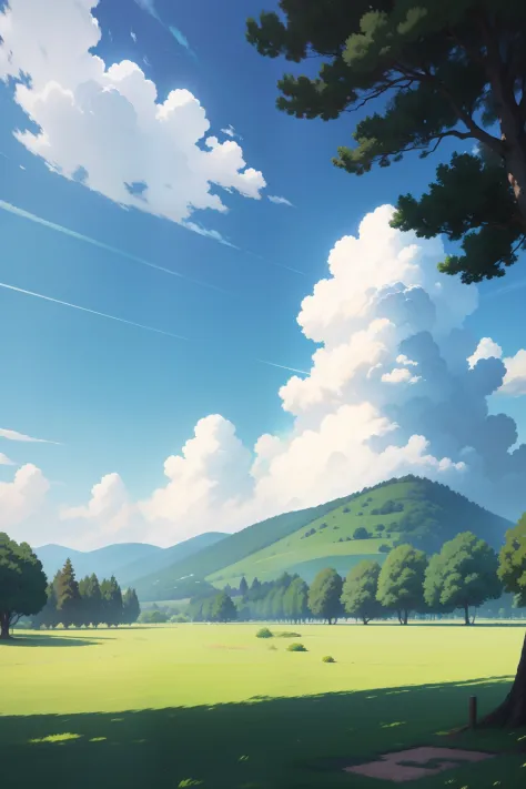 An anime movie shot behind lush green grass and beautiful skies, In the style of flat strokes, idyllic scenery, grandeur of scale, Dark blue and sky blue, colorful landscapes, AR 16:9 Ghibli