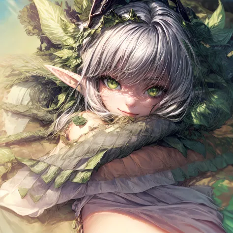 The elf is lying on the bed, is looking at the camera, white colored hair, green colored eyes, The chest rests on the bed, little chest, Volume, Juicy ass, Close-up of a person, lying, Elf Girl, 8k Graphics High-quality detailed graphics, ((Masterpiece, To...