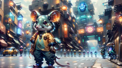 There is a cartoon mouse dressed in a plastic coat, cotton shirt and jeans on a street full of people moving, carros voadores, C...