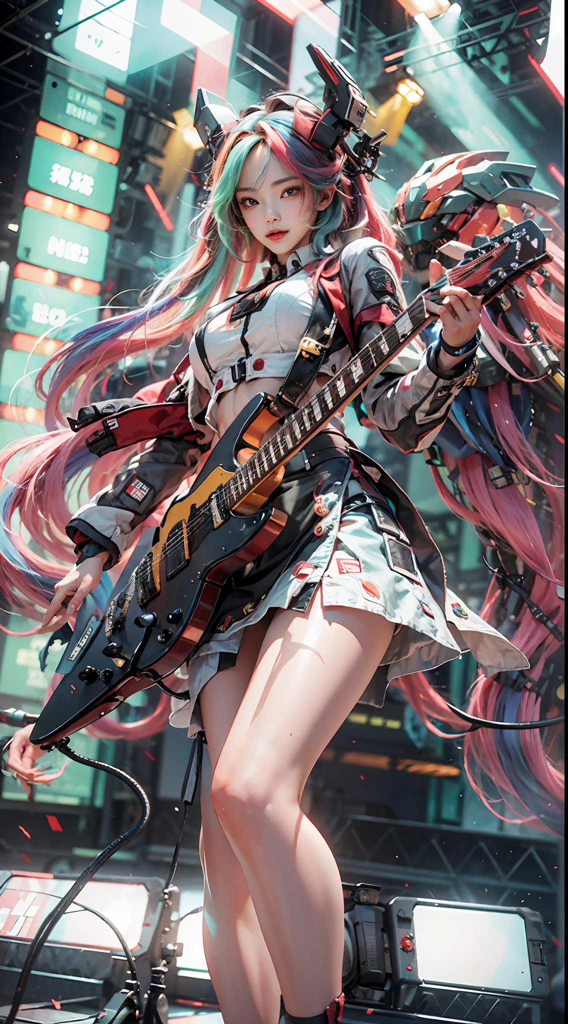 Goji,idoly，1girll, Long colored hair, Wear sexy miniskirt outfits, Hold the red microphone，An electric guitar hangs from his chest，Stand in front of the half-body Gundam mech and sing, Colorful spotlights，Spotlights，Stage，ssmile，Active off-stage audience，Chiaroscuro, Cinematic lighting, Ray tracing, afterimage, hyper HD, Masterpiece, ccurate, A high resolution, High quality, High details, Award-Awarded, 8K,Girl
