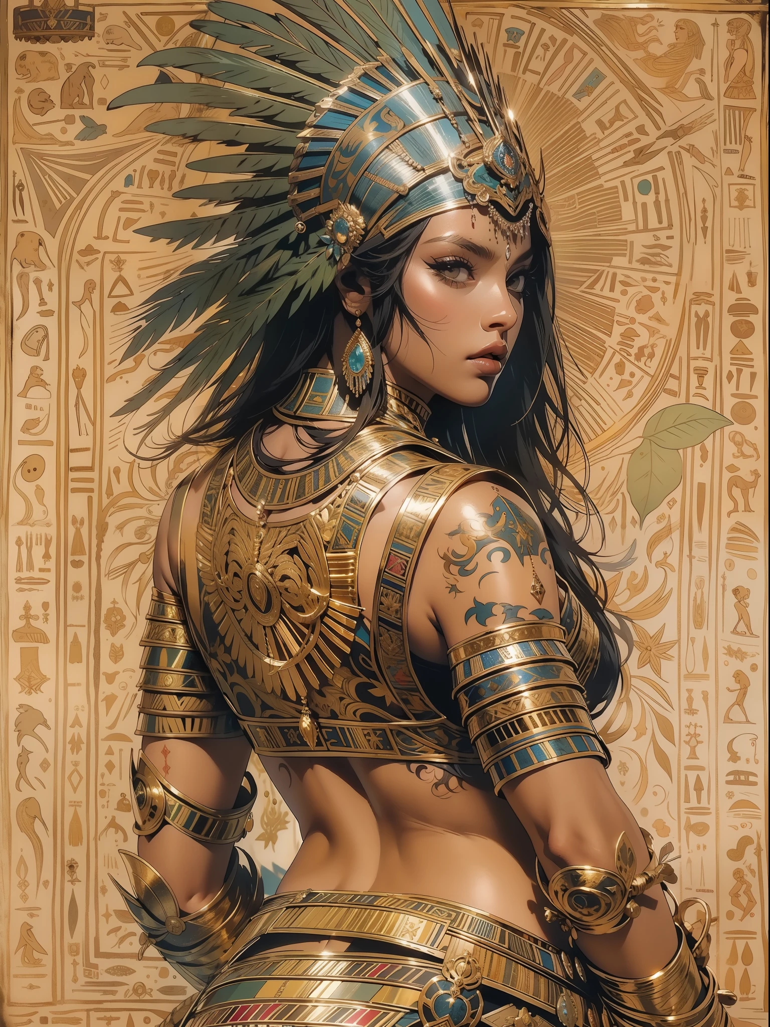 (((mulher))), (((melhor qualidade))), (((obra prima))), (((adulta))), ((( Back view ))), Uma guerreira mulher de 35 anos com corpo perfeito, Egyptian Gladiator, (( under boobs )), quase nua no estilo selvagem urbano de Simon Bisley para a capa da revista Heavy Metal, cabelo preto liso, Minimum clothing, golden ornaments, many jewelry, armadura, cheio de pontas e rebites, tatuagem tribal, (((do joelho pra cima))), cabelo liso escorrido