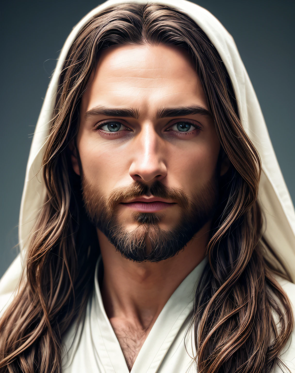 (Symmetrie),Zentriert,A ((Schließen)) up portrAit,(Jesus),A very thin white mAn with long hAir And A beArd,weAring A long white robe,35mm,nAturAl skin,clothes detAil, 8k Textur, 8k, insAne detAils, intricAte detAils, hyperdetAiledhighly detAiled,reAlistic,soft cinemAtic light,HDR,shArp focus, ((((cinemAtic look)))),intricAte, elegAnt, highly detAiled