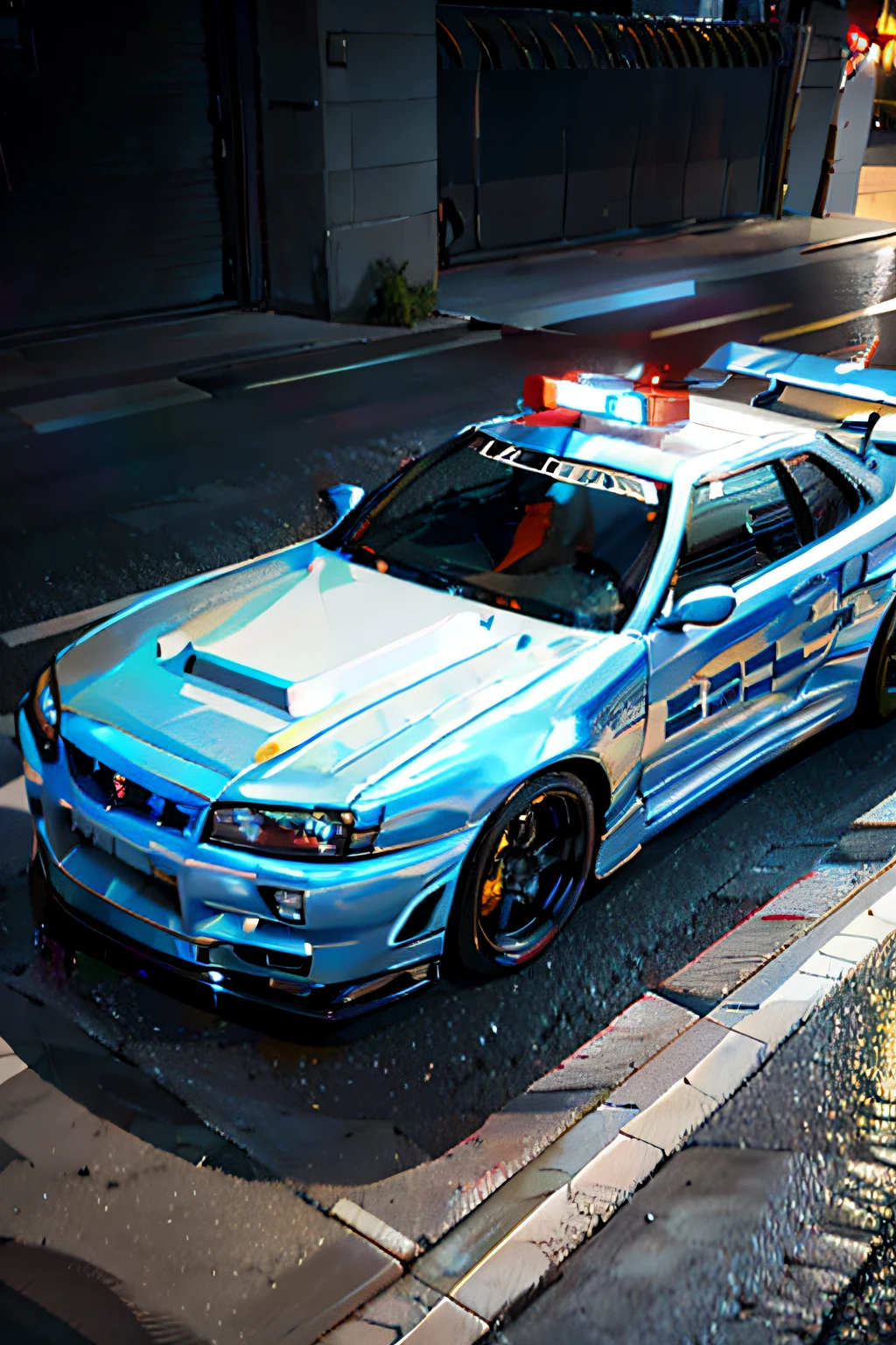 Police car with lights while driving down a street, Em um Nissan Skyline R34 modificado, Nissan GTR R 3 4, KodakChrome : : 8 mil, Juntas Nissan R34 GTR, viaturas policiais, GTR XU1, hyper real render, hyper detailed 3d render, hyper detailed 3d render, renderizado em keyshot