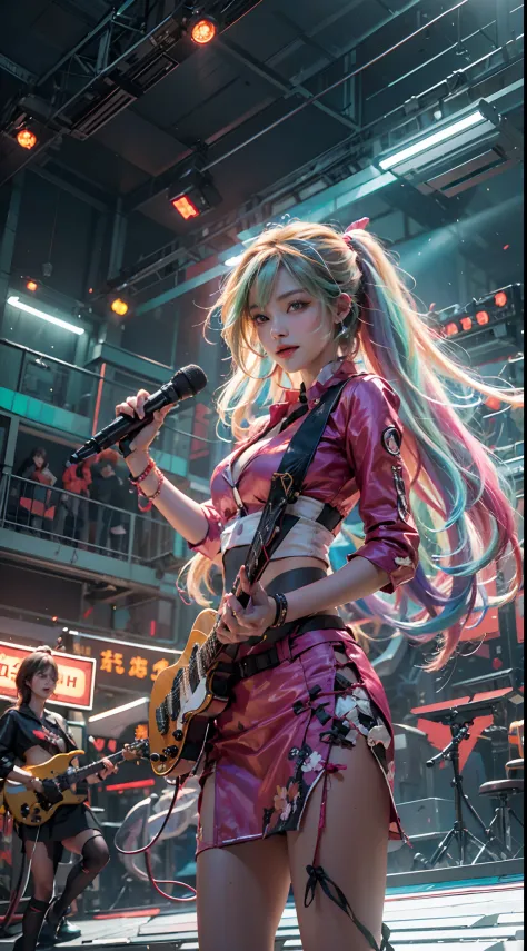 Goji,idoly，1girll, Long colored hair, Wear sexy miniskirt outfits, Hold the red microphone，An electric guitar hangs from his che...