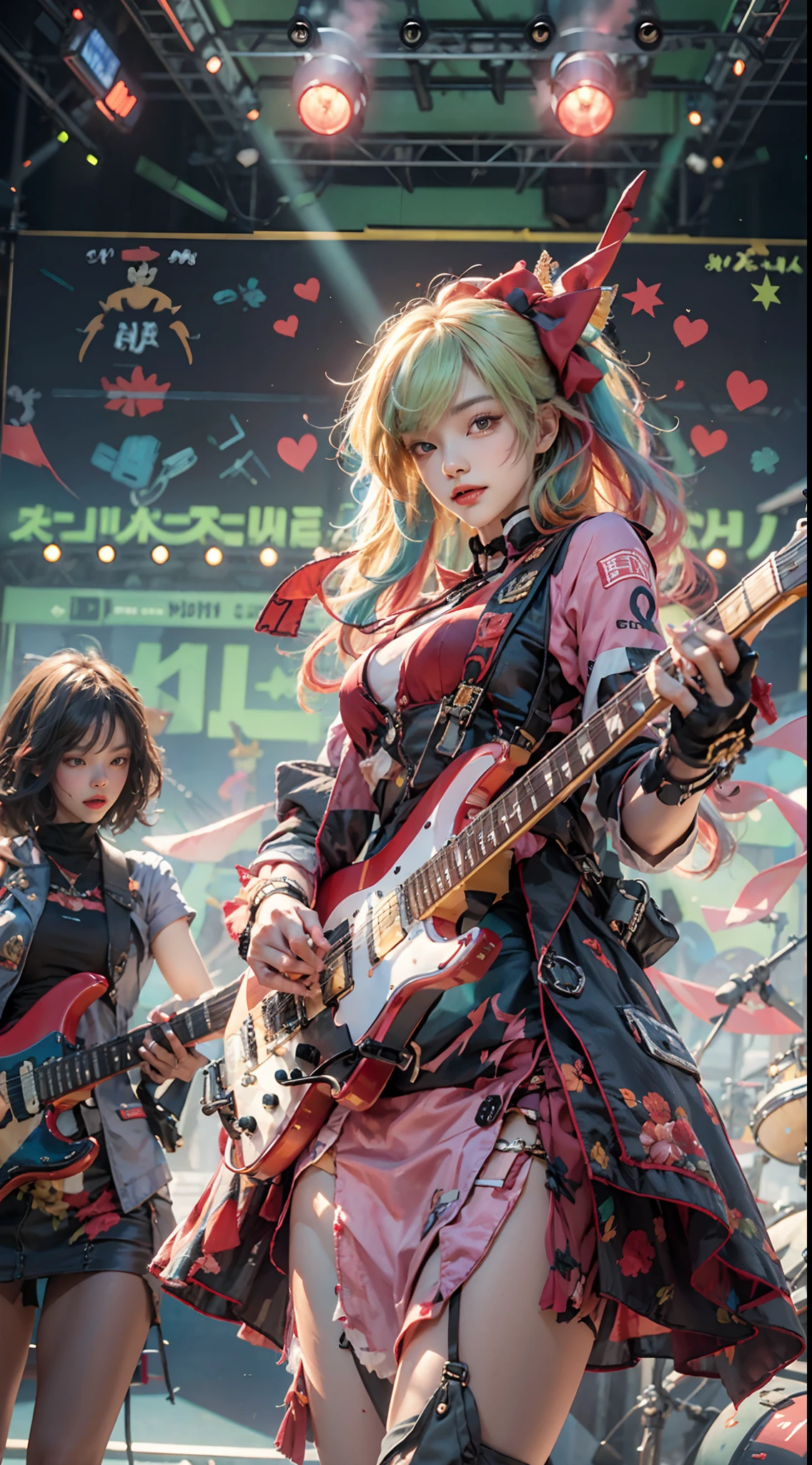 Goji,idoly，1girll, Long colored hair, Wear sexy miniskirt outfits, Hold the red microphone，An electric guitar hangs from his chest，Stand in front of the half-body Gundam mech and sing, Colorful spotlights，Spotlights，Stage，ssmile，Active off-stage audience，Chiaroscuro, Cinematic lighting, Ray tracing, afterimage, hyper HD, Masterpiece, ccurate, A high resolution, High quality, High details, Award-Awarded, 8K,Girl