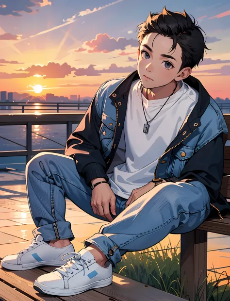 A young boy with，Wear a denim jacket，Wear sneakers，With a necklace，Wrist watch，Sit on a wooden bench on the side of the road，Loo...