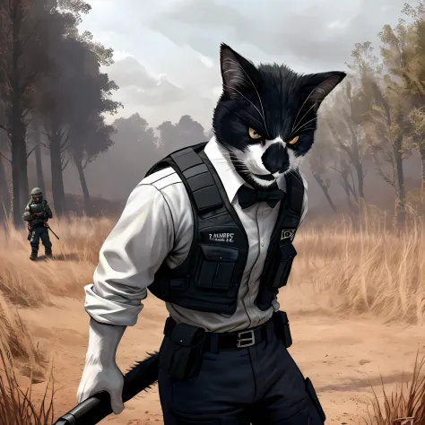 Leo, anthropomorphic black and white cat, cat anatomy, standing upright, fluffy, wearing a white shirt, green tactical vest, angry, fried chicken hanging on vest, in a battlefield, realistic, high quality, BSAA uniform, detailed face, detailed eyes, master...