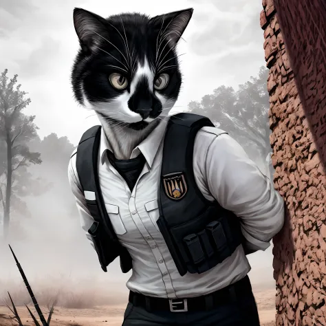 Leo, anthropomorphic black and white cat, cat anatomy, standing upright, fluffy, wearing a white shirt, green tactical vest, fried chicken hanging on vest, in a battlefield, realistic, high quality, BSAA uniform, detailed face, detailed eyes, masterpiece