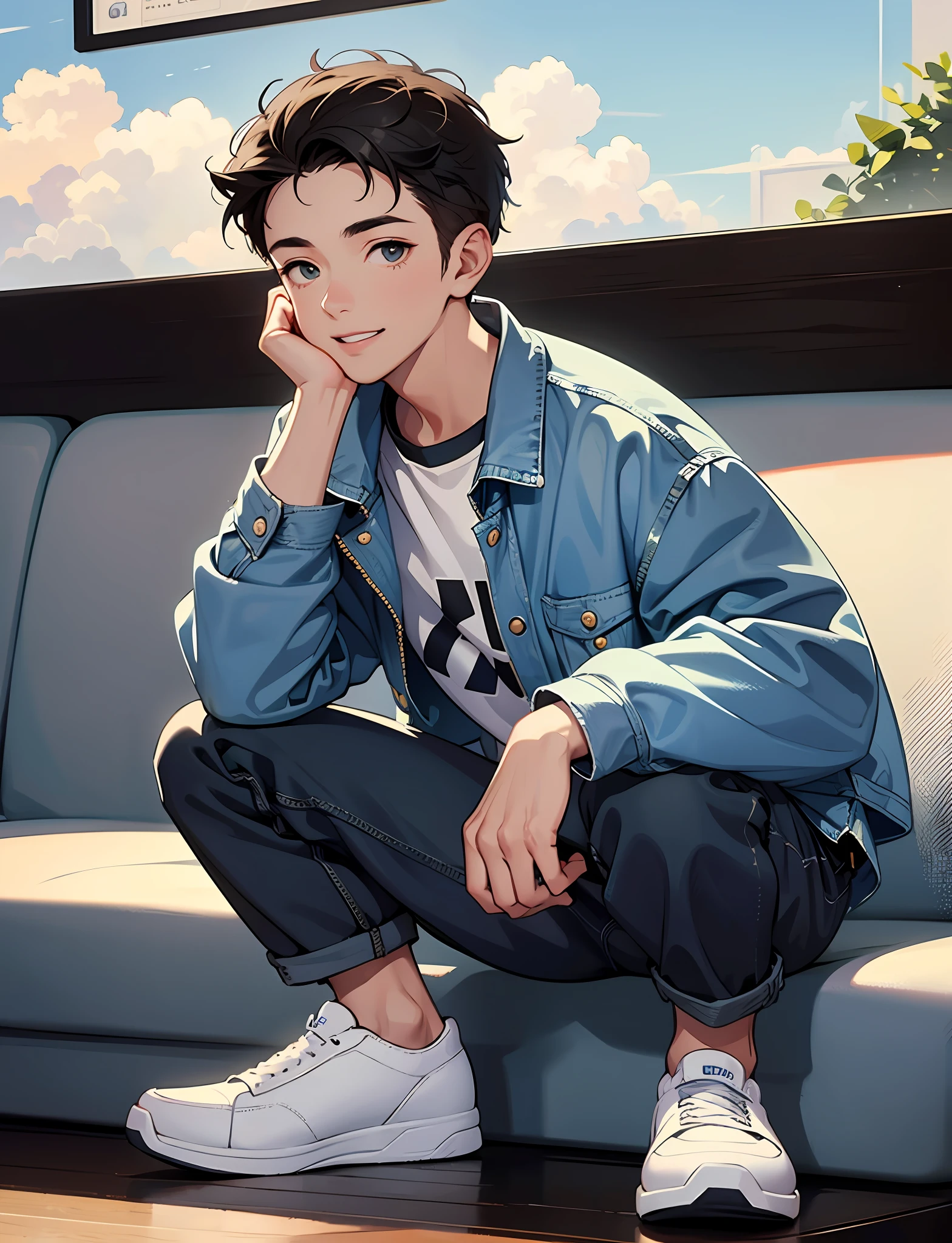 A young boy with，Wear a denim jacket，Wear sneakers，With a headset，Happy，Sitting in a coffee shop drinking coffee，Looking at the clouds in the sky，Close-up full-body photo，Ultra-high definition