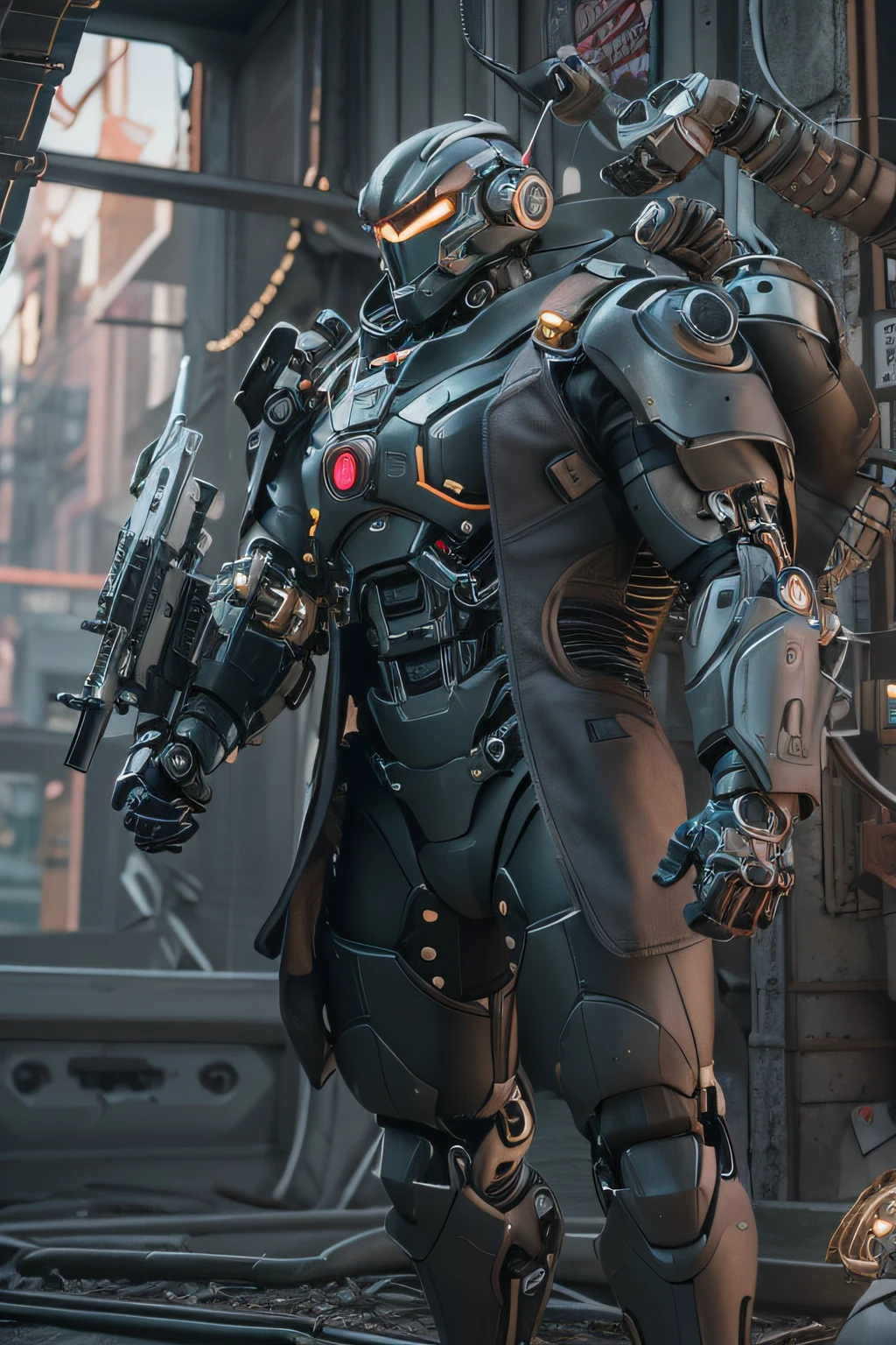 A close up of a robot standing in a building with a gun - SeaArt AI