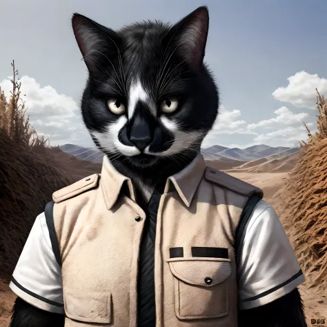 Leo, anthropomorphic black and white cat, cat anatomy, standing upright, fluffy, wearing a white shirt, green tactical vest, fried chicken patches on shirt, in a battlefield, realistic, high quality, BSAA uniform, detailed face, detailed eyes, masterpiece