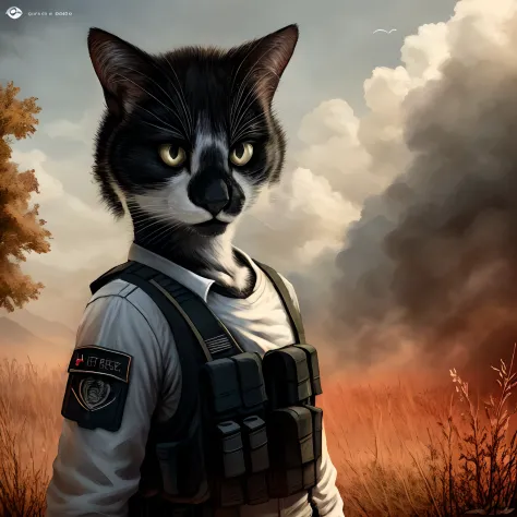Leo, anthropomorphic black and white cat, cat anatomy, standing upright, fluffy, wearing a white shirt, green tactical vest, in a battlefield, realistic, high quality, BSAA uniform, detailed face, detailed eyes, masterpiece