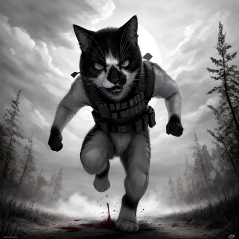 Leo, anthropomorphic black and white cat, cat anatomy, standing upright, fluffy, angry, green tactical vest, in a battlefield, realistic, high quality, detailed face, detailed eyes, masterpiece, left ear cut off, bleeding, bloody clothes, running, paws for...