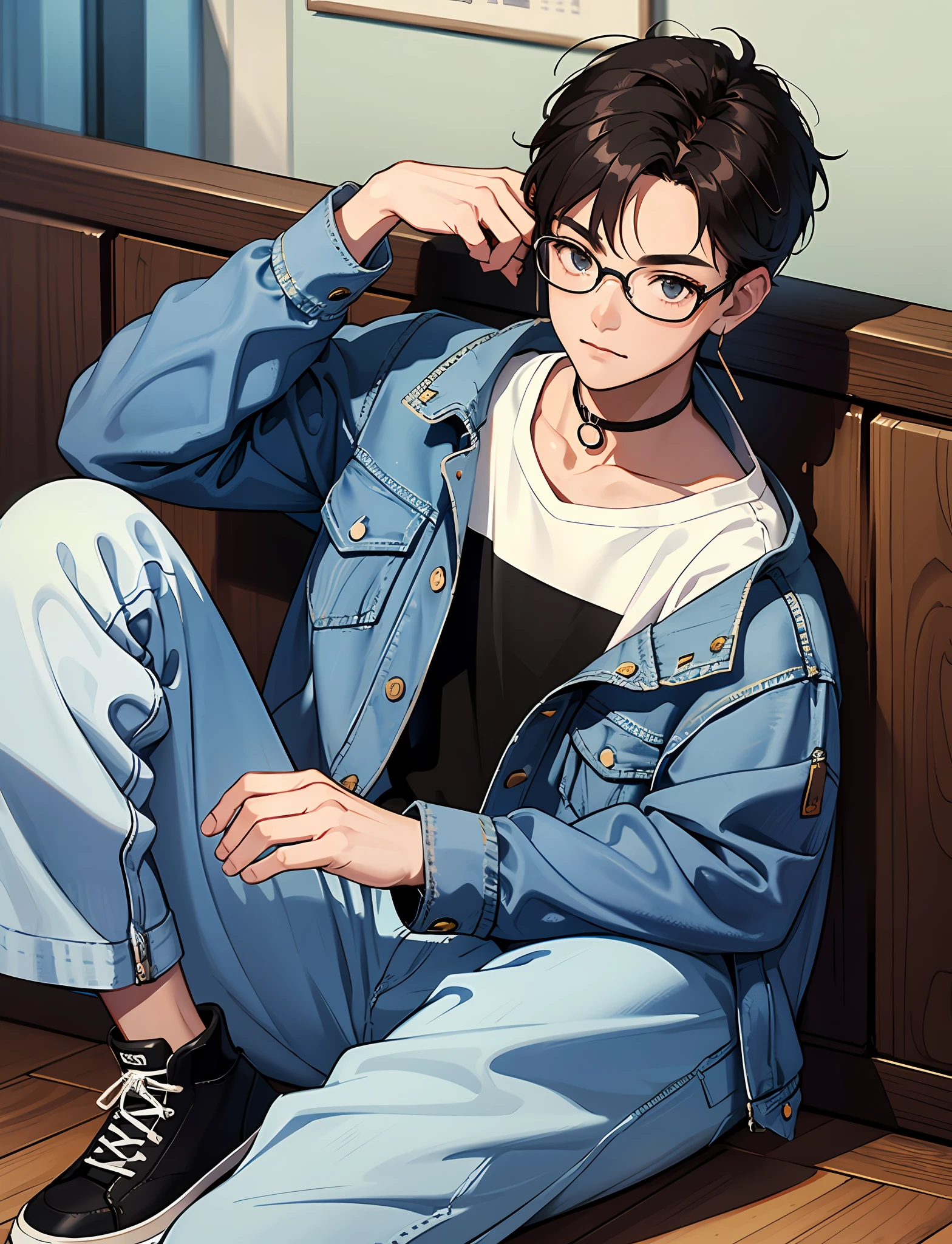 A young boy with，Wear a denim jacket，Wear sneakers，With a headset，Wear glasses，choker necklace，cheerfulness，Sitting in a coffee shop drinking coffee，Look at the clouds in the sky，Close-up full body photo，Ultra-high definition