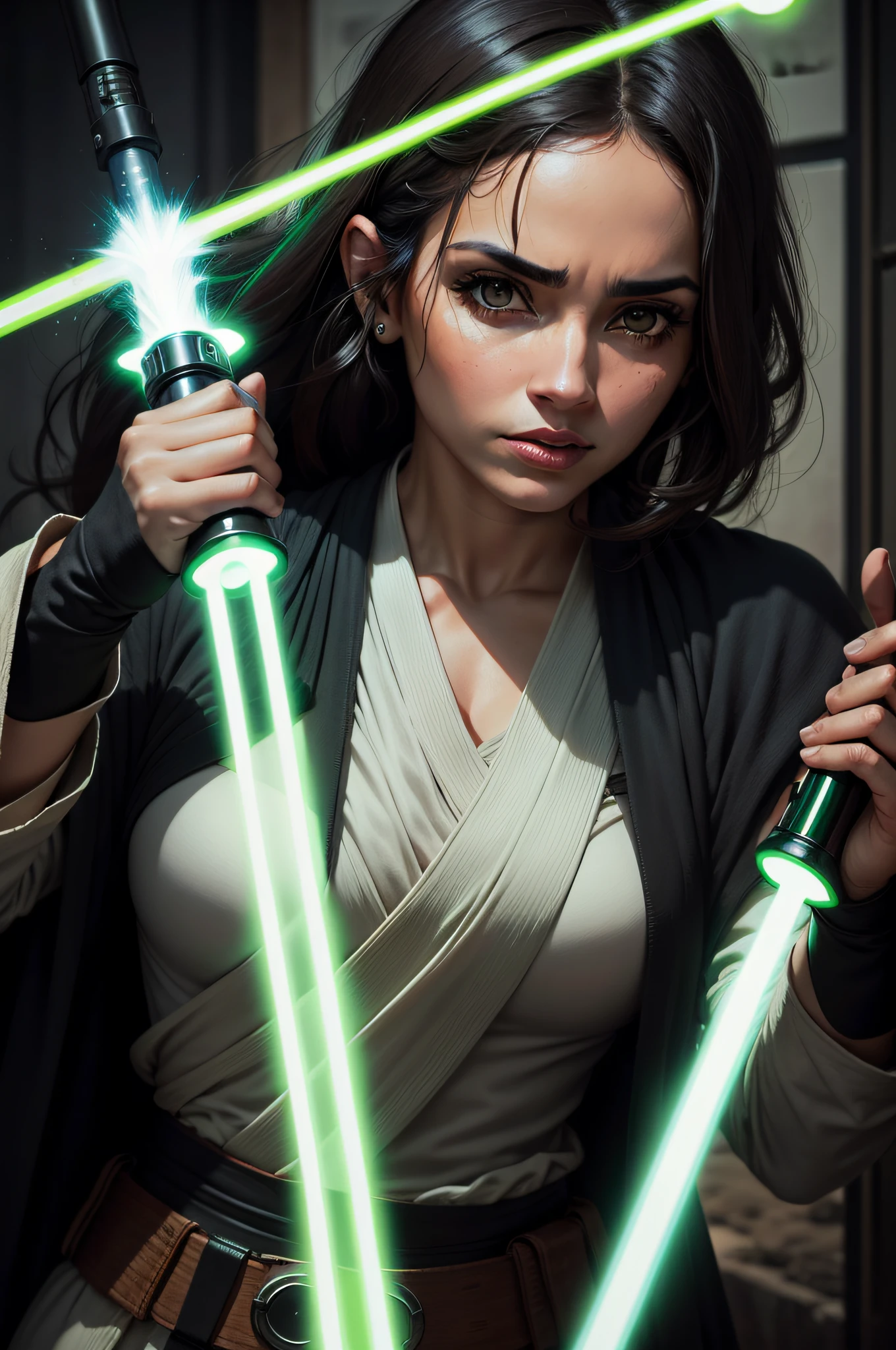 A woman in a jedi costume holding two lightsabeds - SeaArt AI